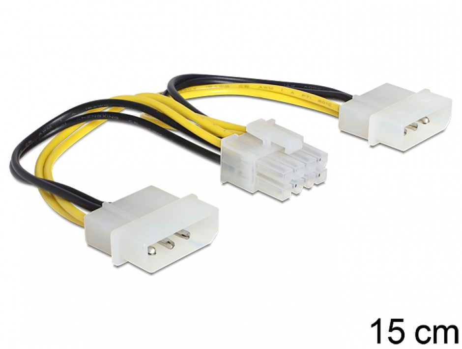 Imagine Cablu de alimentare EPS 8 Pini la 2 x Molex 4 pini 15cm, Delock 83410