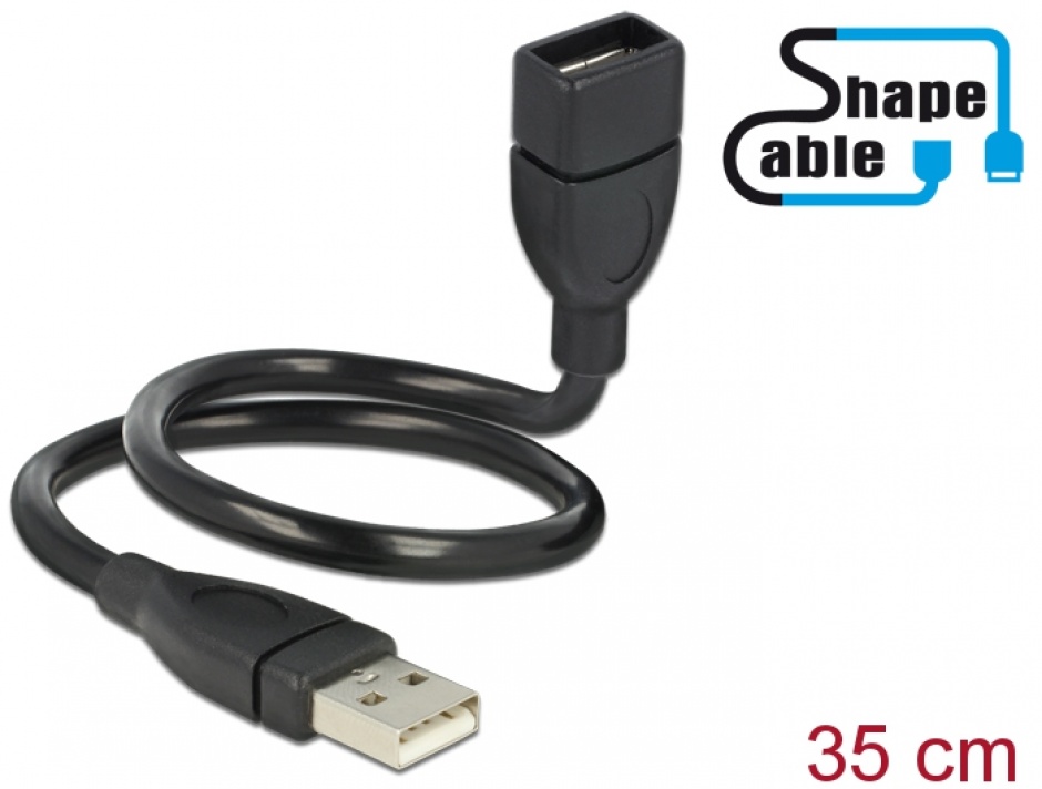 Imagine Cablu prelungitor USB 2.0-A T-M ShapeCable 0.35m Negru, Delock 83498