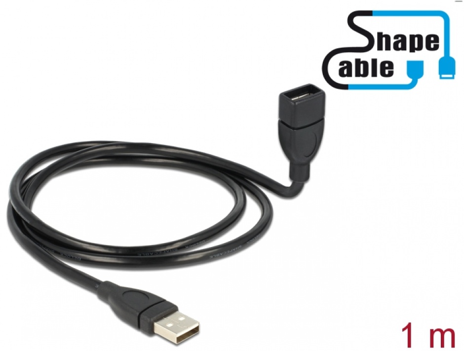 Imagine Cablu prelungitor USB 2.0-A ShapeCable 1m T-M Negru, Delock 83500