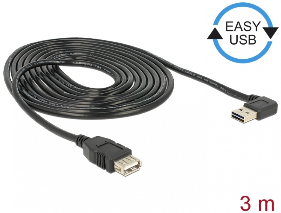 Imagine Cablu prelungitor EASY-USB 2.0 T-M unghi stanga/dreapta 3m, Delock 83553