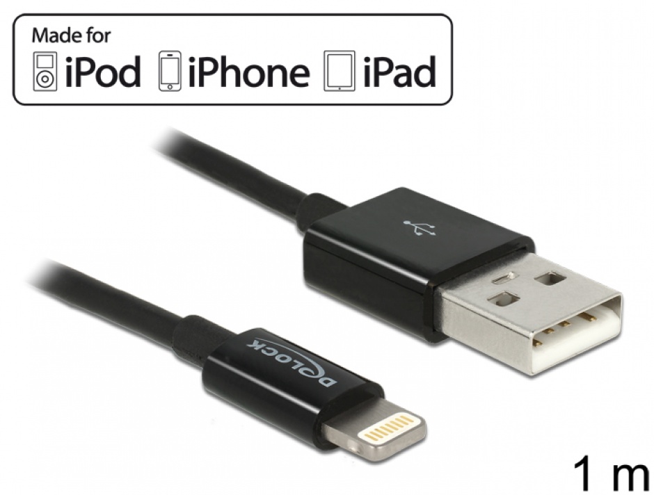 Imagine Cablu de date + incarcare pentru iPhone, iPad, iPod Negru 1m, Delock 83561
