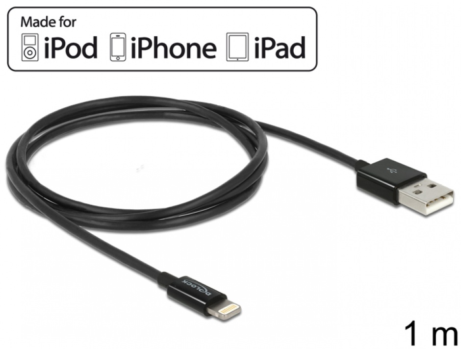 Imagine Cablu de date + incarcare pentru iPhone, iPad, iPod Negru 1m, Delock 83561