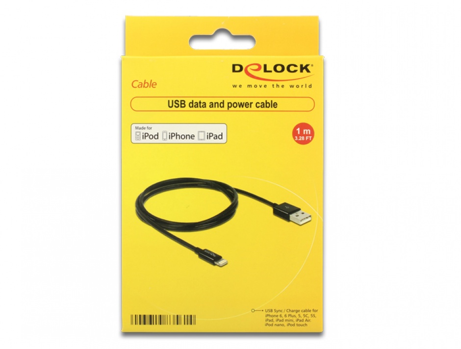 Imagine Cablu de date + incarcare pentru iPhone, iPad, iPod Negru 1m, Delock 83561