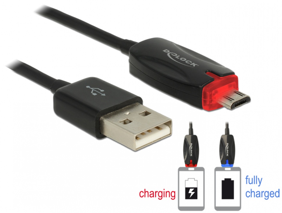 Imagine Cablu de date + incarcare USB la micro USB-B 2.0 cu LED 1m, Delock 83573