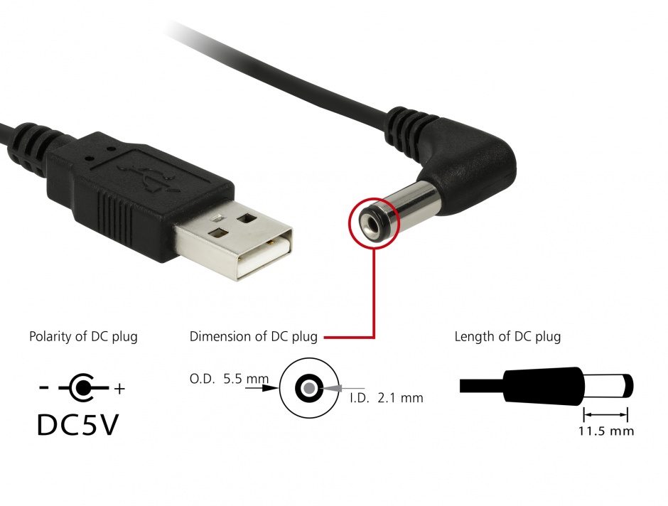 Imagine Cablu alimentare USB la DC 5.5 x 2.1 mm 90 grade 1.5m, Delock 83578