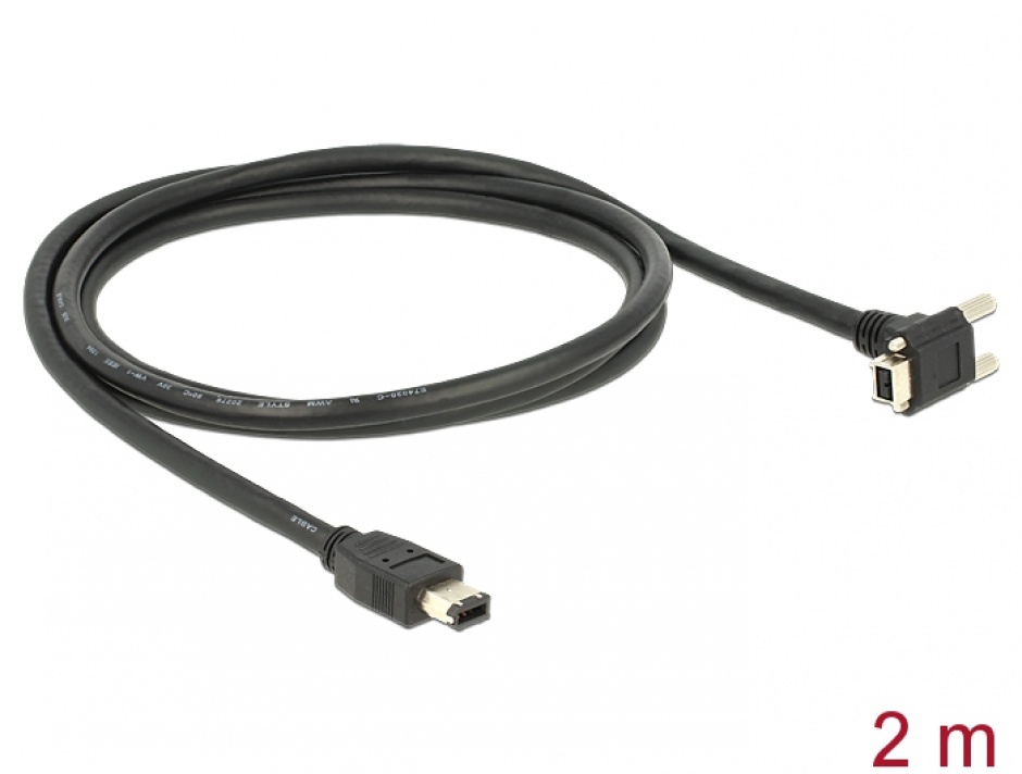 Imagine Cablu firewire 9 pini unghi 90 grade la 6 pini cu suruburi 2m negru, Delock 83589
