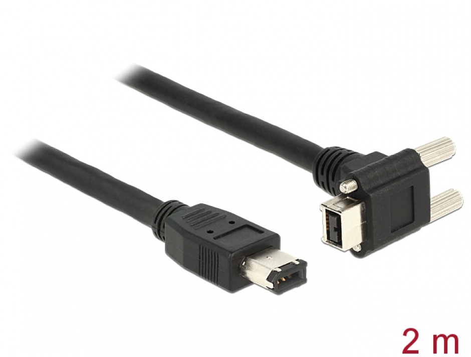 Imagine Cablu firewire 9 pini unghi 90 grade la 6 pini cu suruburi 2m negru, Delock 83589