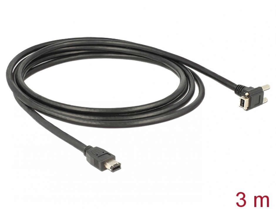 Imagine Cablu firewire 9 pini unghi 90 grade la 6 pini cu suruburi 3m negru, Delock 83590