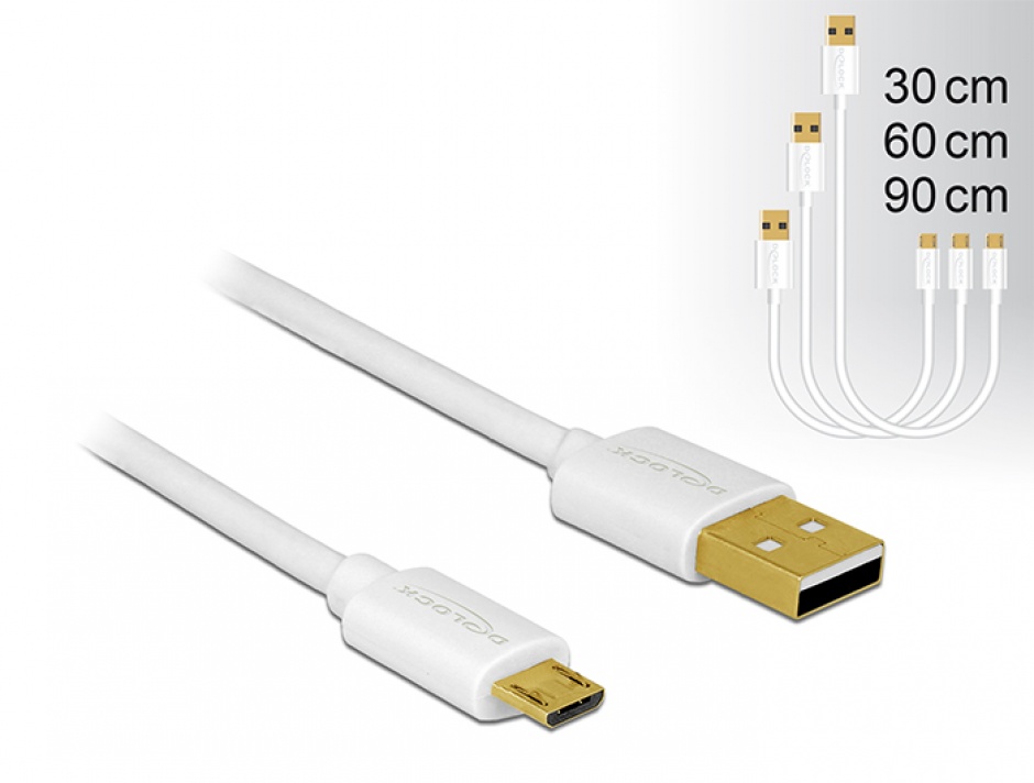 Imagine Cablu de date si incarcare Quick/Fast Charging (incarcare rapida) USB 2.0 la micro USB-B 3 buc/set Alb, Delock 83679
