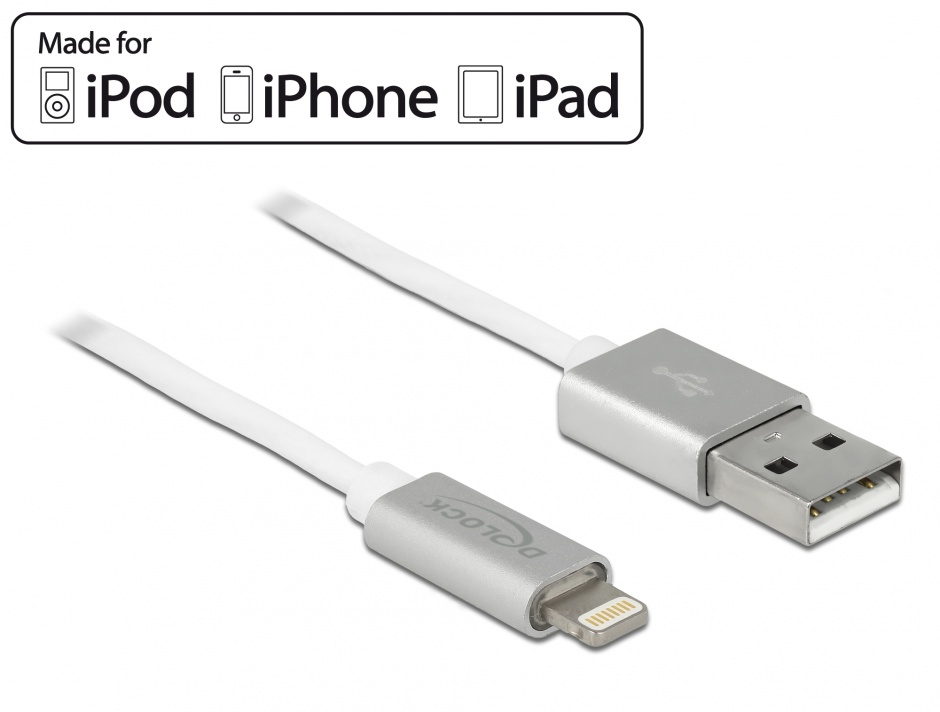 Imagine Cablu de date + incarcare Lightning MFI pentru iPhone, iPad, iPod cu LED 1m, Delock 83772