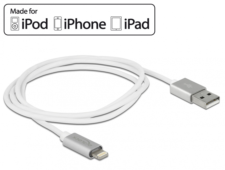Imagine Cablu de date + incarcare Lightning MFI pentru iPhone, iPad, iPod cu LED 1m, Delock 83772