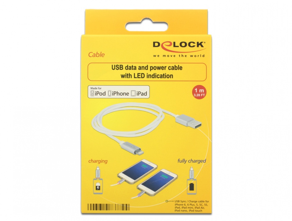 Imagine Cablu de date + incarcare Lightning MFI pentru iPhone, iPad, iPod cu LED 1m, Delock 83772