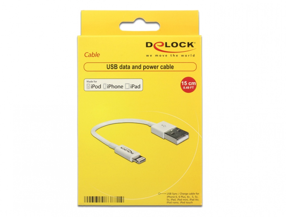 Imagine Cablu de date + incarcare Lightning MFI pentru iPhone, iPad, iPod Alb 0.15m, Delock 83871