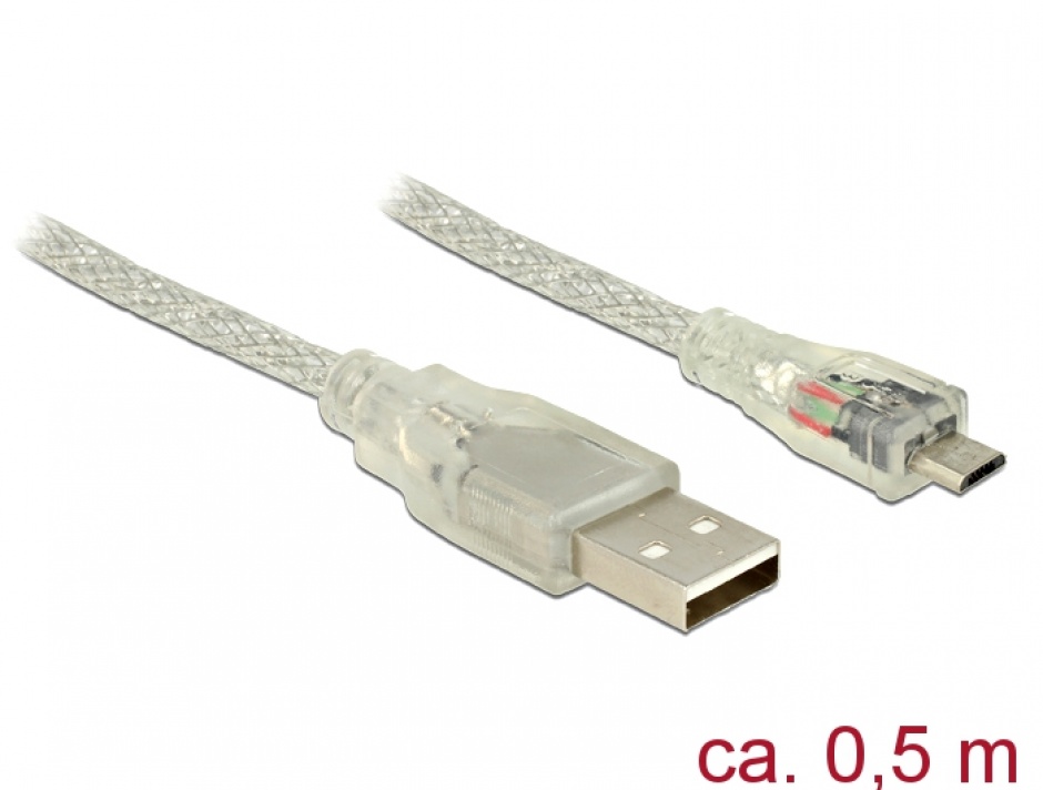 Imagine Cablu USB la micro USB-B 2.0 0.5m transparent, Delock 83897