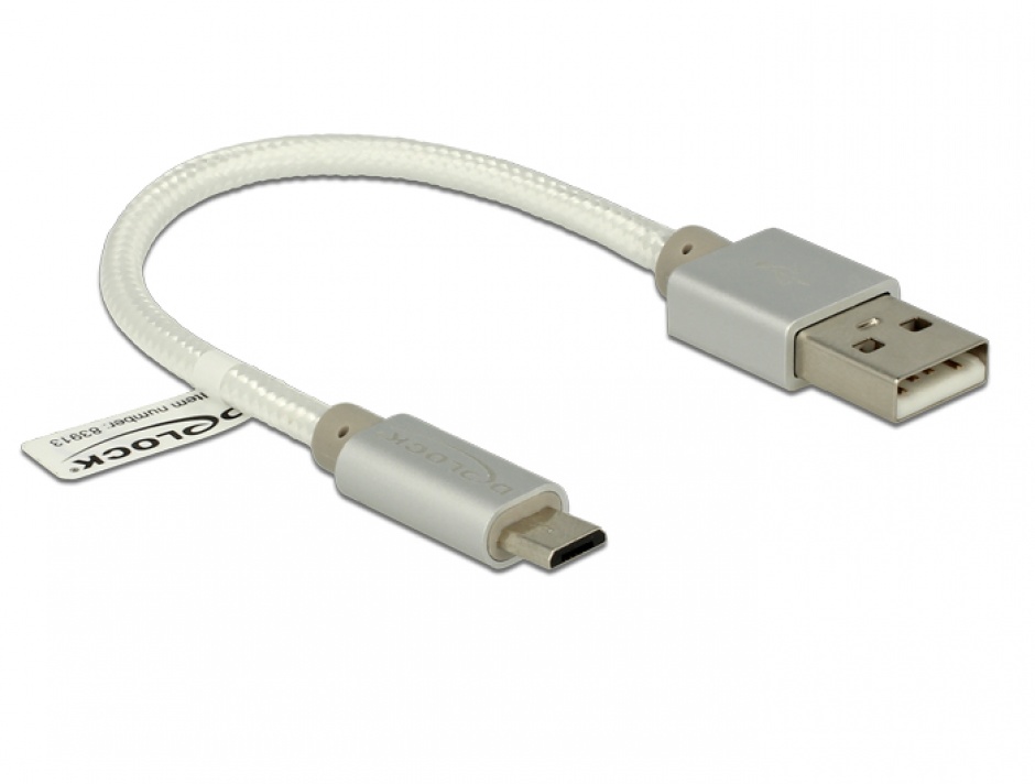 Imagine Cablu de incarcare + date micro USB-B la USB 2.0 T-T Alb 0.15m, Delock 83913