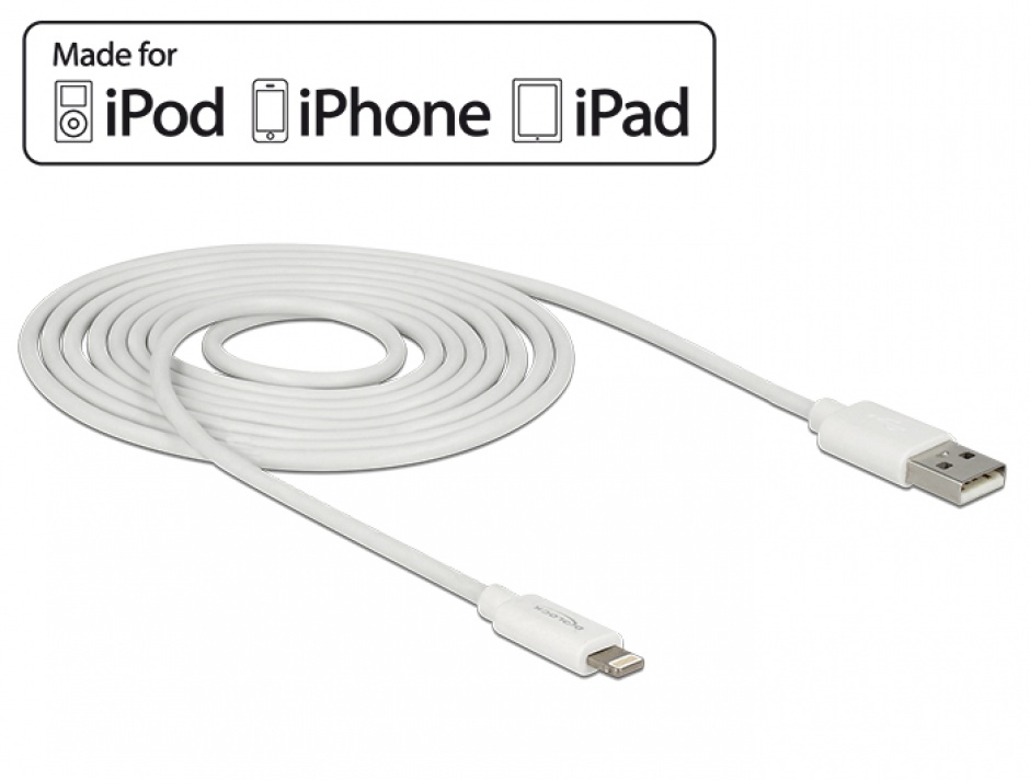 Imagine Cablu de date + incarcare Lightning MFI pentru iPhone, iPad, iPod Alb 2m, Delock 83919