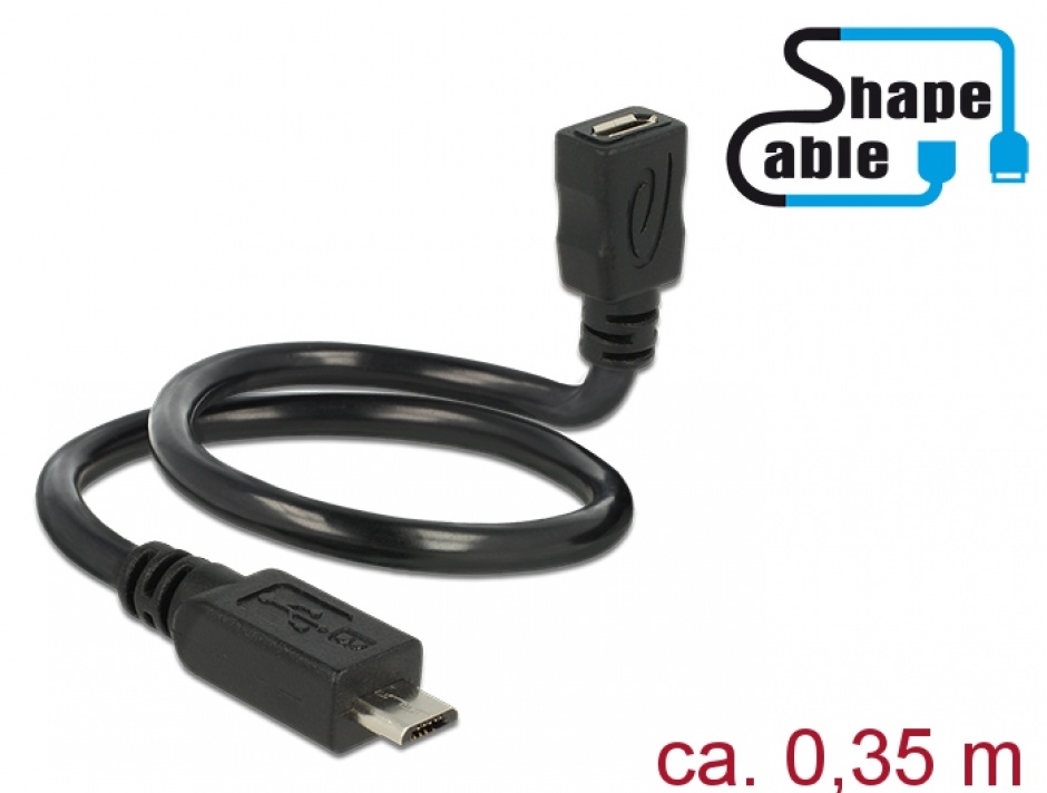 Imagine Cablu prelungitor micro USB-B 5 pini 2.0 T-M OTG ShapeCable 0.35m, Delock 83924