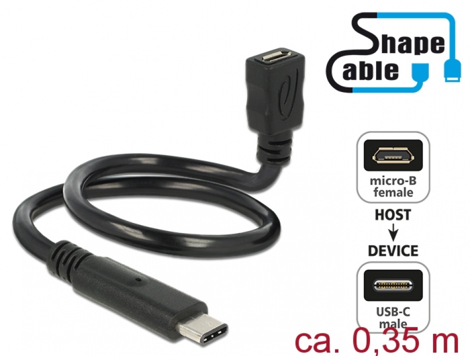 Imagine Cablu micro USB-B 2.0 la USB-C M-T Negru ShapeCable 0.35m, Delock 83930
