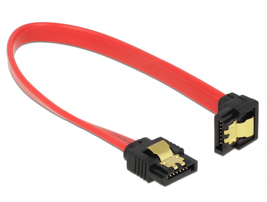 Imagine Cablu SATA III 6 Gb/s drept/jos cu fixare rosu 20cm, Delock 83977