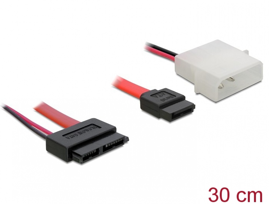 Imagine Cablu Slim SATA la SATA 7 pini + 2 pini alimentare M-T 30cm, Delock 84390
