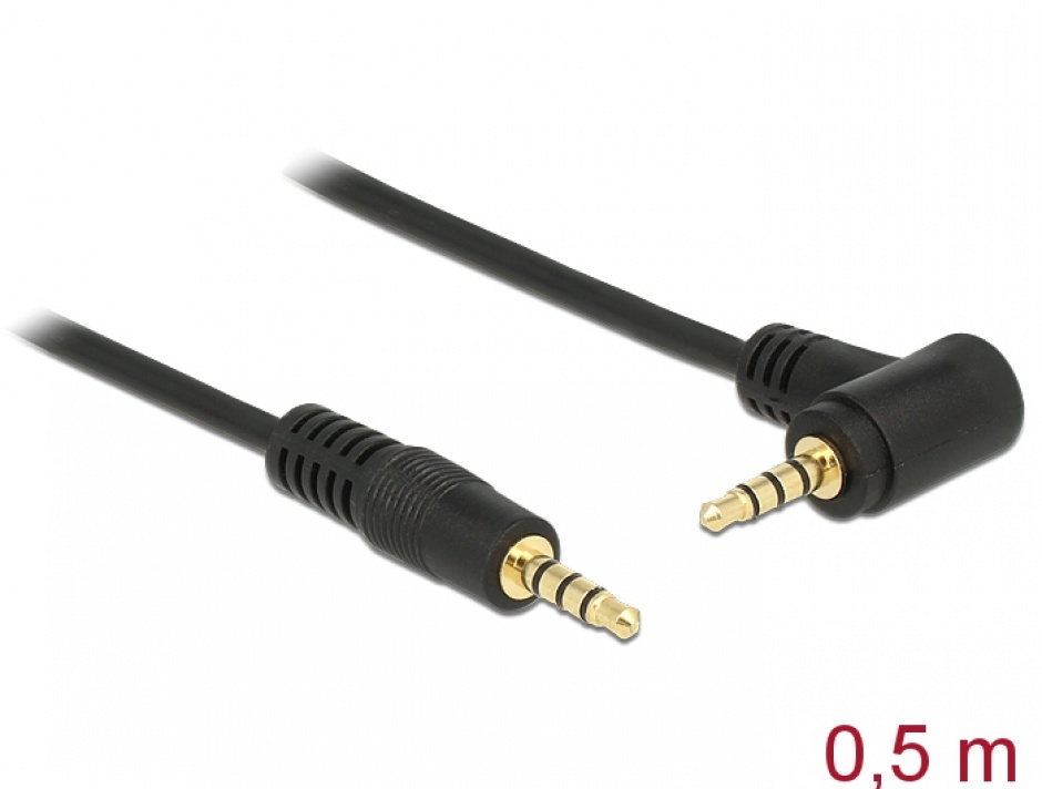 Imagine Cablu Stereo Jack 3.5 mm 4 pini unghi 0.5m T-T Negru, Delock 84735