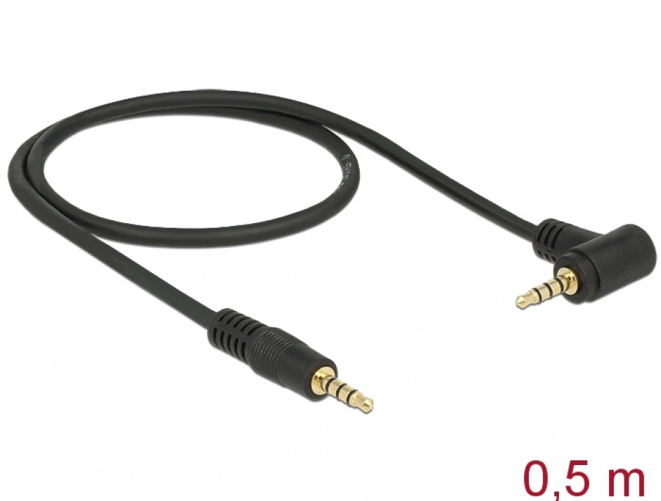 Imagine Cablu Stereo Jack 3.5 mm 4 pini unghi 0.5m T-T Negru, Delock 84735
