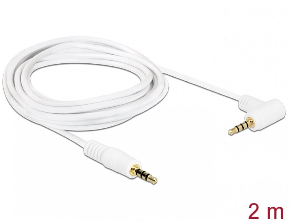 Imagine Cablu Stereo Jack 3.5 mm 4 pini unghi 2m T-T Alb, Delock 84739