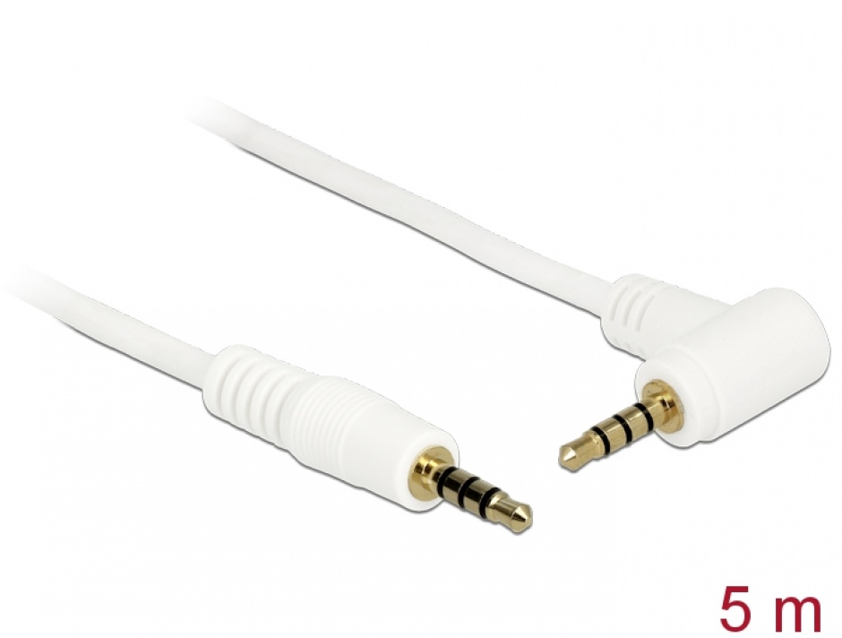 Imagine Cablu Stereo Jack 3.5 mm 4 pini unghi 5m T-T Alb, Delock 84744