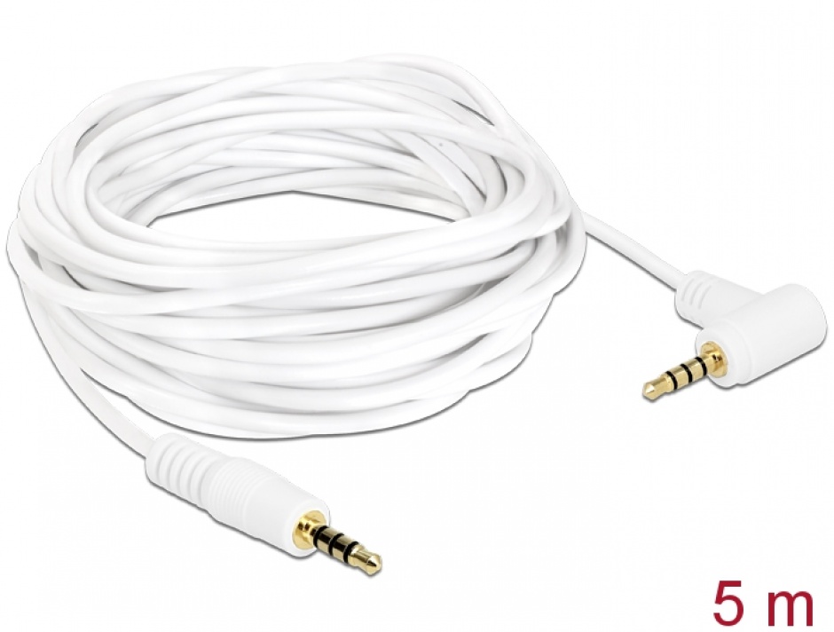 Imagine Cablu Stereo Jack 3.5 mm 4 pini unghi 5m T-T Alb, Delock 84744