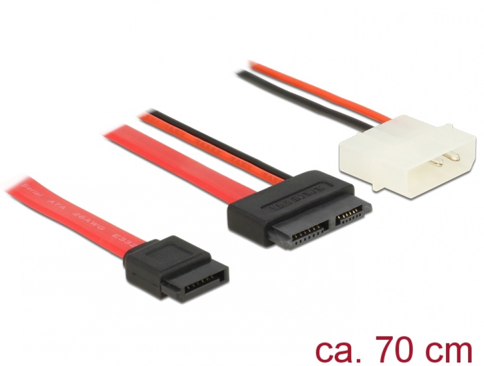 Imagine Cablu Slim SATA la SATA 7 pini + 2 pini alimentare M-T 70cm, Delock 84791