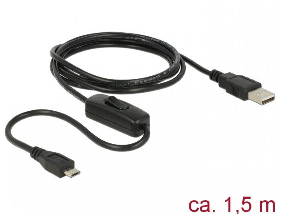 Imagine Cablu USB 2.0 la micro USB-B de incarcare cu switch pentru Raspberry Pi 1.5m, Delock 84803