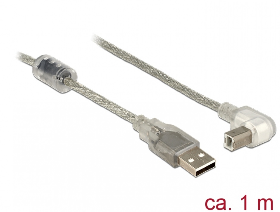 Imagine Cablu USB 2.0 tip A-B T-T unghi 1m transparent, Delock 84812