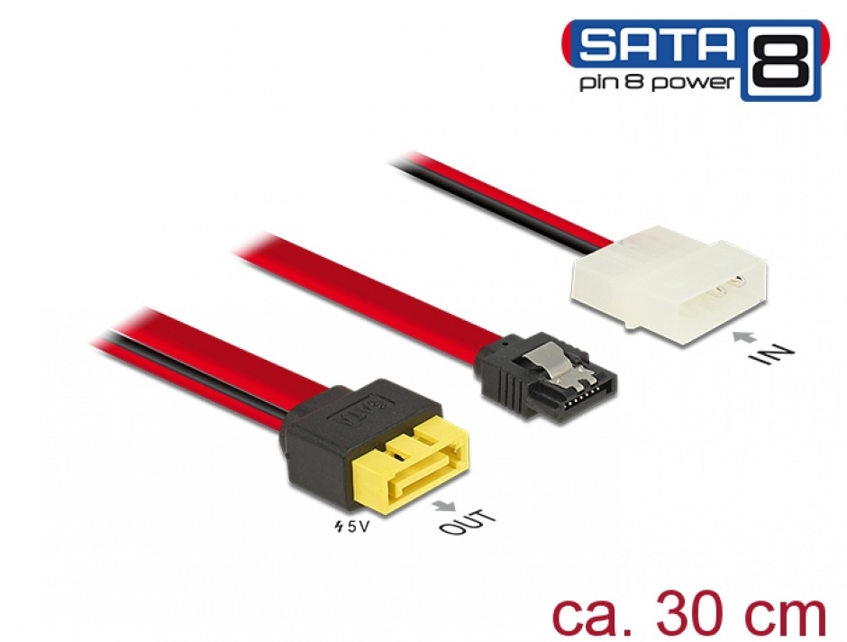 Imagine Cablu SATA 6 Gb/s 7 pini + Molex 2 pini alimentare la SATA de alimentare 8 pini, Delock 84947