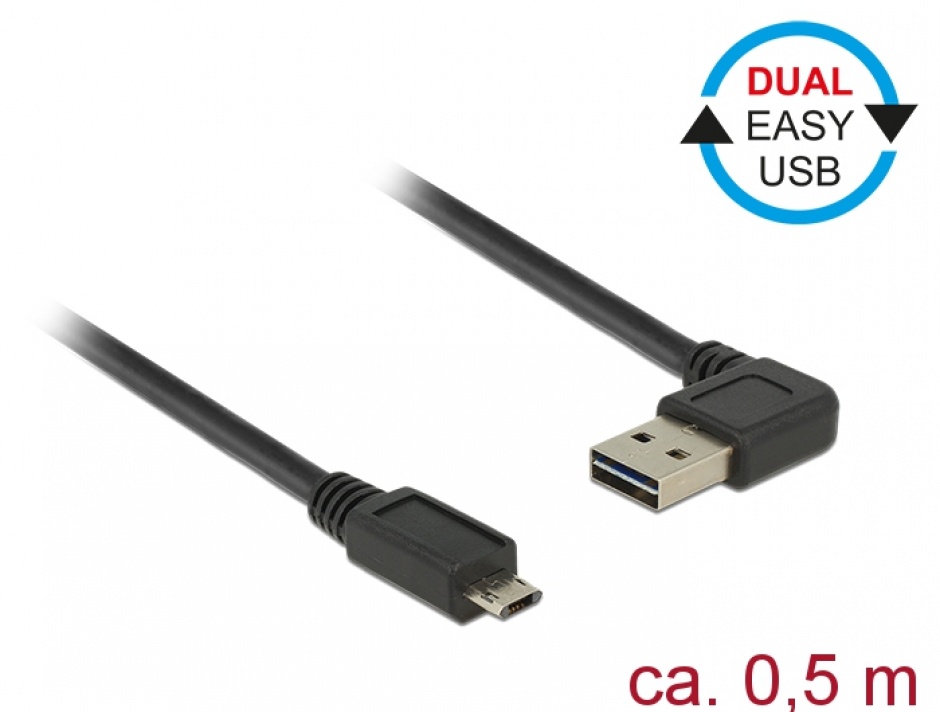 Imagine Cablu EASY-USB 2.0 tip A unghi stanga/dreapta la micro USB-B EASY-USB T-T 0.5m Negru, Delock 85164