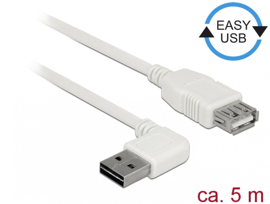 Imagine Cablu prelungitor EASY-USB 2.0 tip A unghi stanga/dreapta T-M 5m Alb, Delock 85182