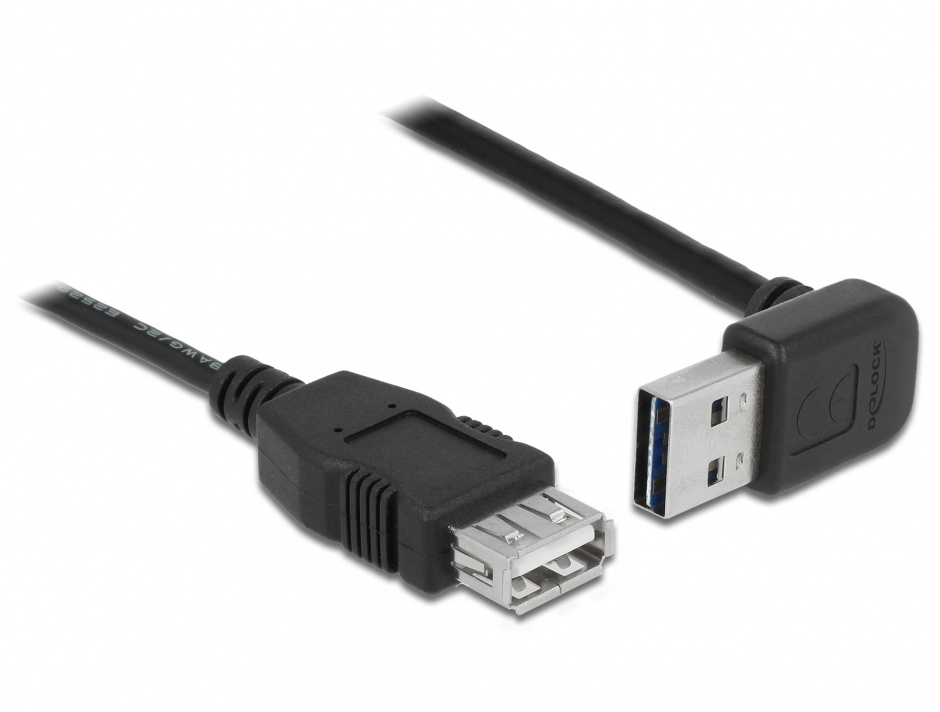 Imagine Cablu prelungitor EASY-USB 2.0 tip A unghi sus/jos T-M 0.5m Negru, Delock 85185