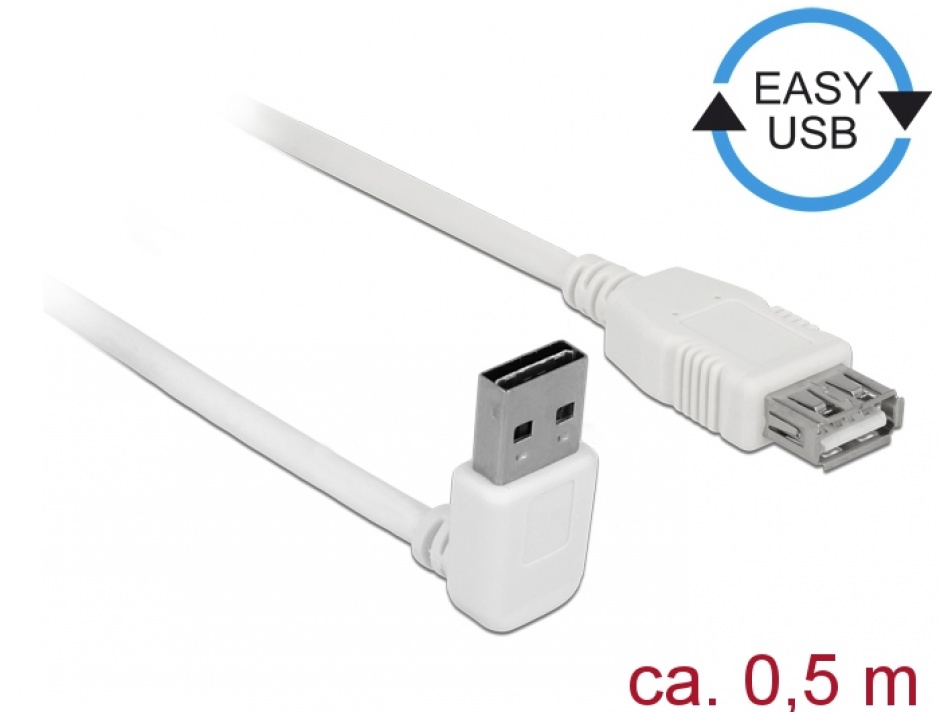 Imagine Cablu prelungitor EASY-USB 2.0 tip A unghi sus/jos T-M 0.5m Alb, Delock 85186