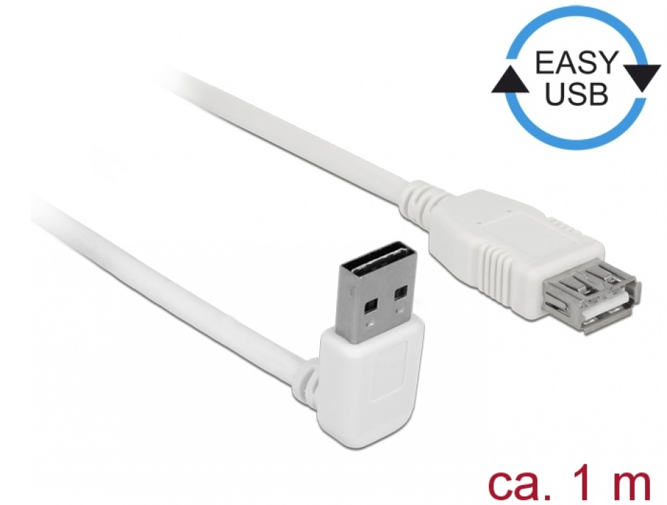 Imagine Cablu prelungitor EASY-USB 2.0 tip A unghi sus/jos T-M 1m Alb, Delock 85187