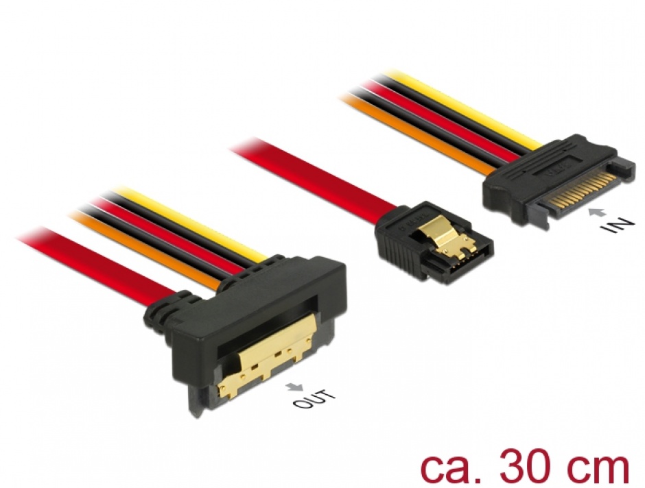 Imagine Cablu de date + alimentare SATA 22 pini 6 Gb/s cu clips la SATA 15 pini + SATA 7 pini unghi jos/drept 30cm, Delock 85229