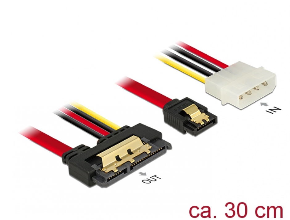 Imagine Cablu de date + alimentare SATA 22 pini 6 Gb/s cu clips la Molex 4 pini + SATA 7 pini 30cm, Delock 85230