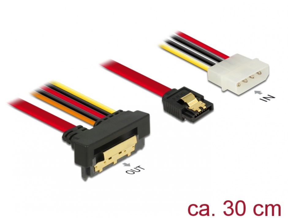 Imagine Cablu de date + alimentare SATA 22 pini 6 Gb/s cu clips la Molex 4 pini + SATA 7 pini unghi jos/drept 30cm, Delock 85231