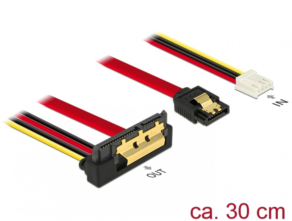 Imagine Cablu de date + alimentare SATA 22 pini 6 Gb/s cu clips la Floppy 4 pini mama + SATA 7 pini unghi jos/drept 30cm, Delock 85235