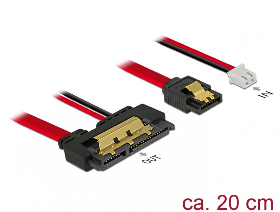 Imagine Cablu de date + alimentare SATA 22 pini 5V 6 Gb/s cu clips la Alimentare 2 pini + SATA 7 pini 20cm, Delock 85240