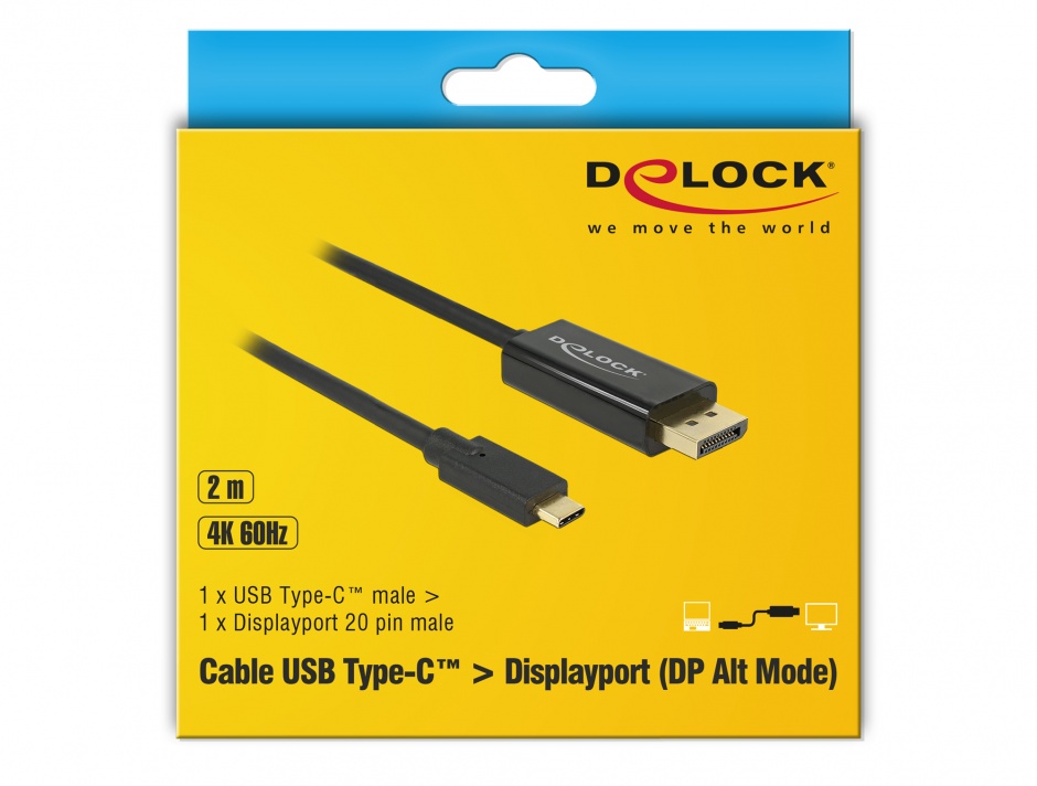Imagine Cablu USB tip C la Displayport (DP Alt Mode) 4K 60 Hz T-T 2m, Delock 85256
