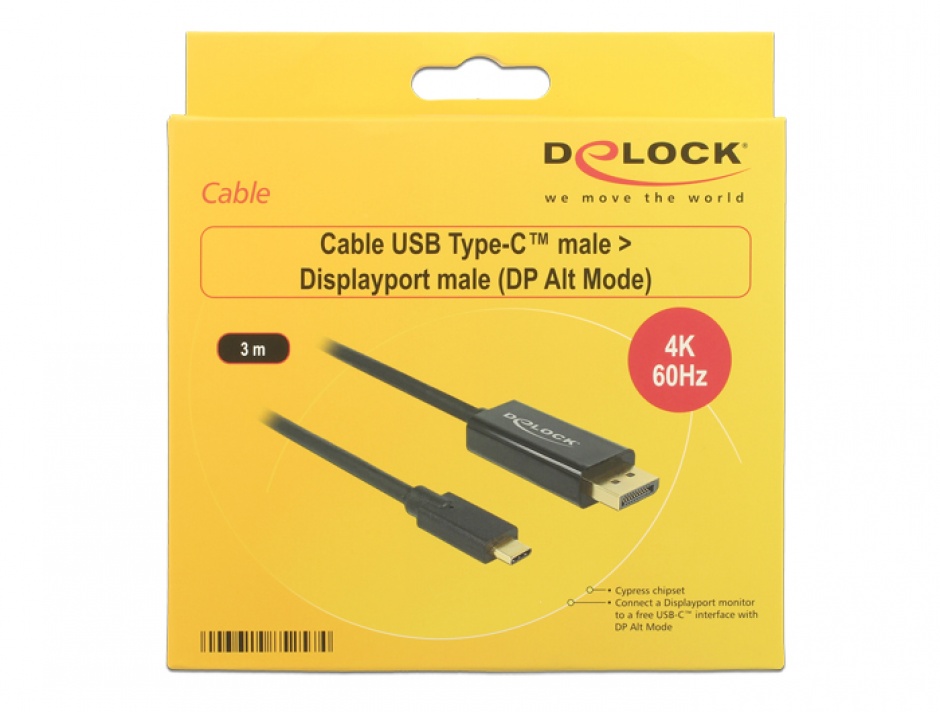 Imagine Cablu USB tip C la Displayport (DP Alt Mode) 4K 60 Hz T-T 3m, Delock 85257