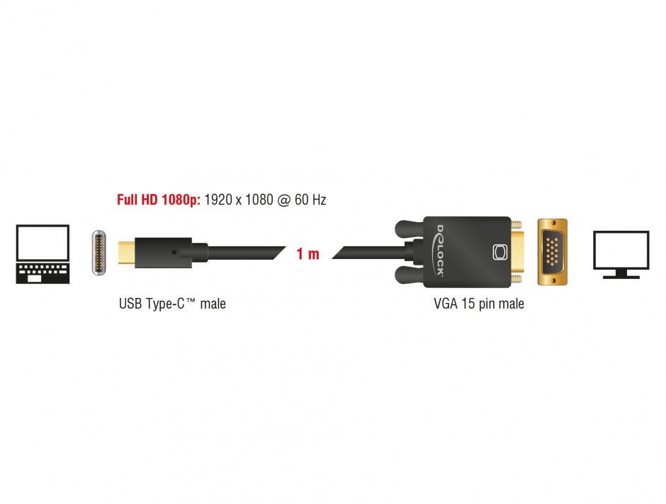 Imagine Cablu USB tip C la VGA (DP Alt Mode) Full HD 1080p 1m T-T Negru, Delock 85261 