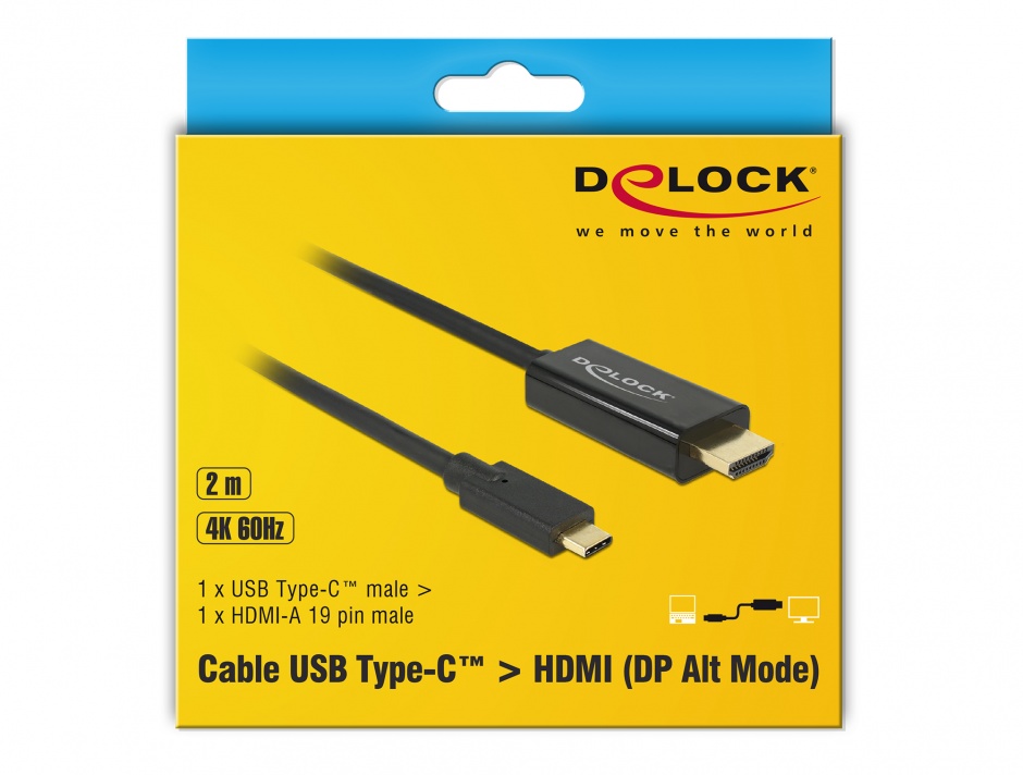 Imagine Cablu USB-C la HDMI (DP Alt Mode) 4K 60 Hz 2m T-T Negru, Delock 85291 