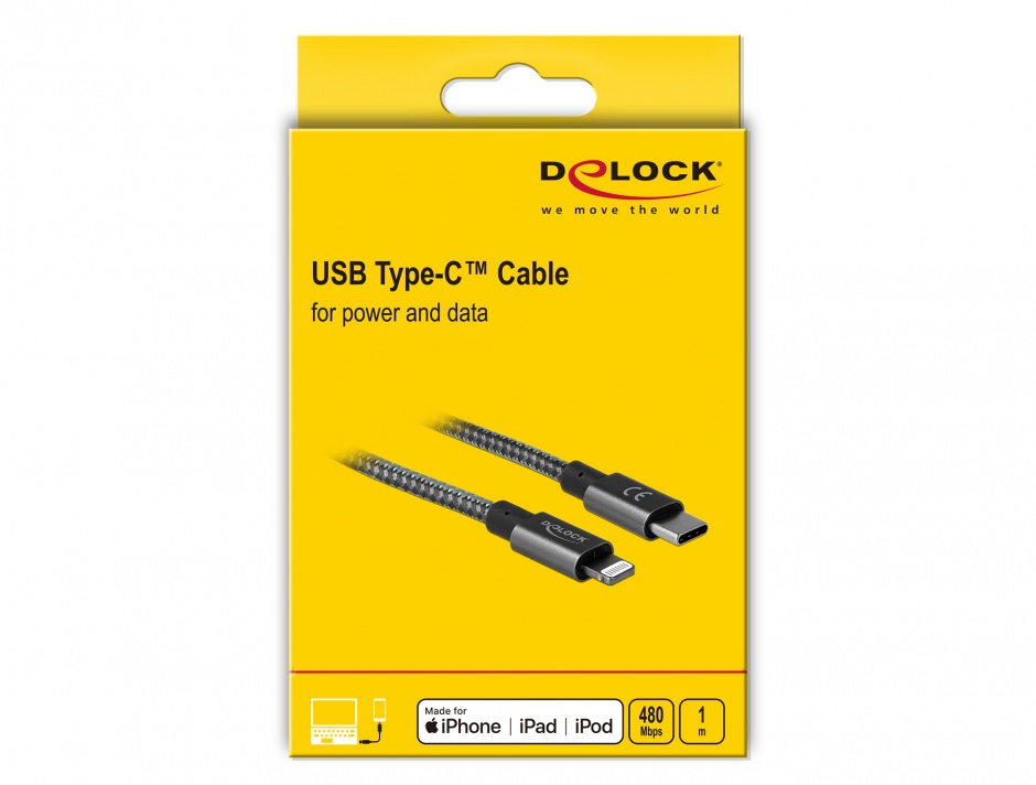 Imagine Cablu de date si incarcare USB-C la iPhone Lightning MFI 1m Gri, Delock 85297