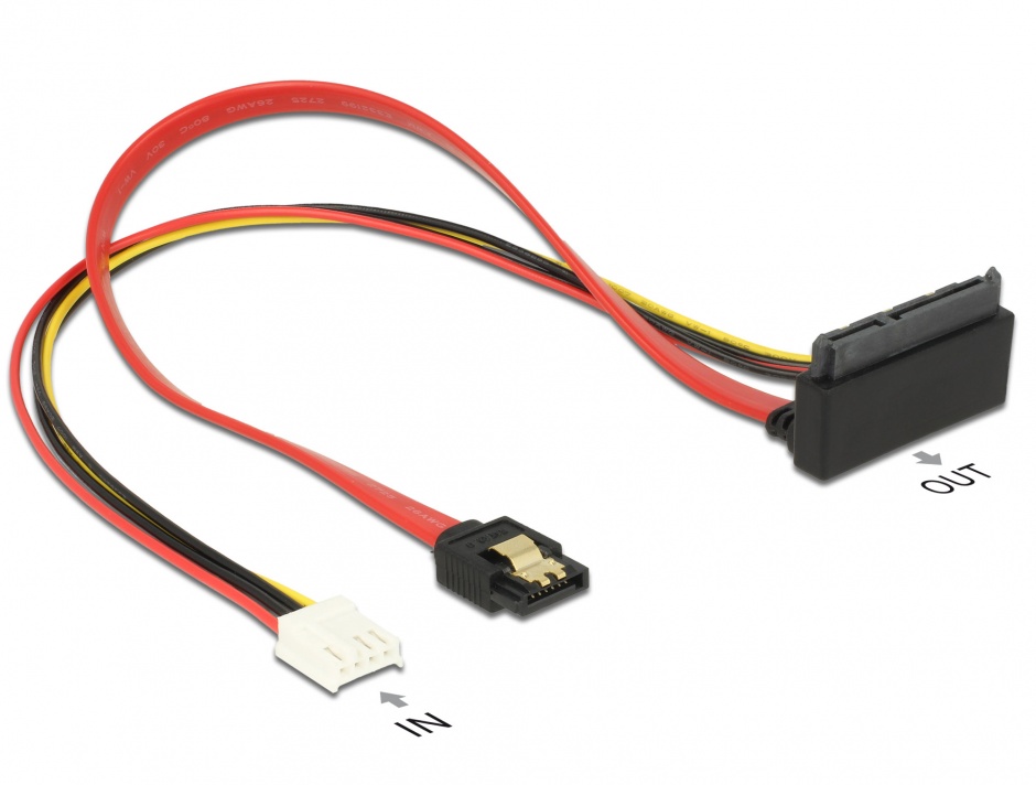 Imagine Cablu SATA III 6 Gb/s + alimentare Floppy 4 pini la SATA 22 pini unghi sus 30cm, Delock 85517
