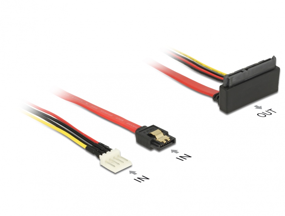Imagine Cablu SATA III 6 Gb/s + alimentare Floppy 4 pini la SATA 22 pini unghi sus 30cm, Delock 85518